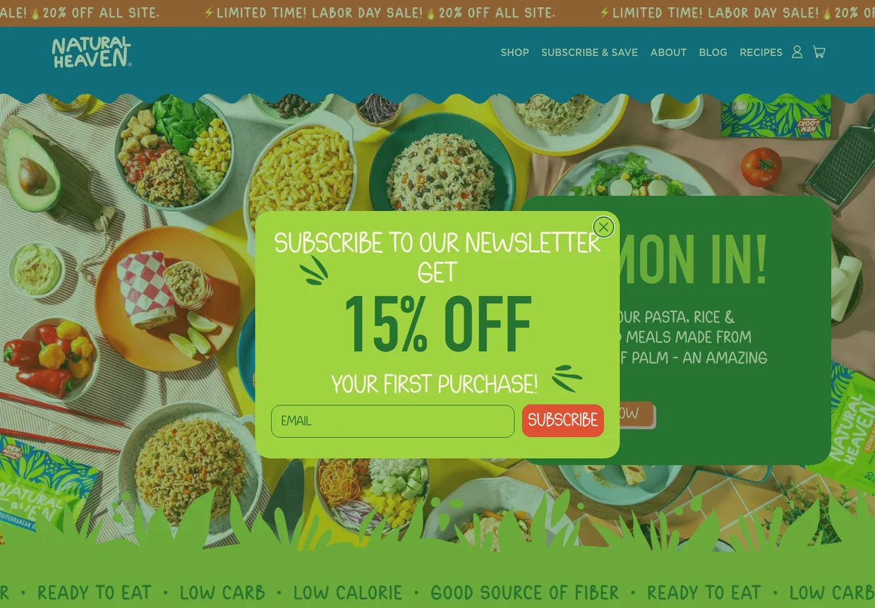 Natural Heaven website in 2026: hearts-of-palm pasta, rice and ready meals presented across a bright green branded environment, with claims of ready to eat, low carb, low calorie and a good source of fibre.