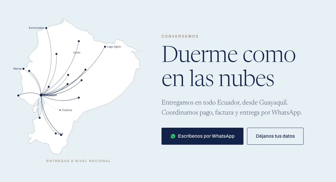Map of Ecuador with delivery routes from Guayaquil to Quito, Cuenca, Manta, Loja, Esmeraldas and Lago Agrio, next to a WhatsApp button.