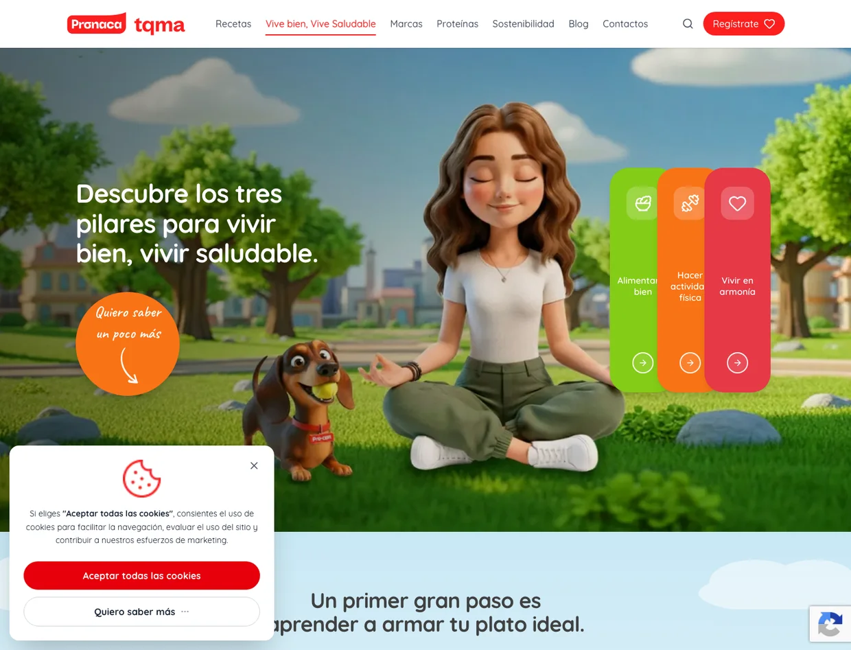 The Vive bien, vive saludable section on the company's live consumer site in 2026, still a top-level destination in the navigation.